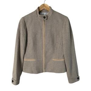 Carlisle Vintage 90s Woven Wool Blazer Jacket Tan Black High Collar Zip Up, Sz 4